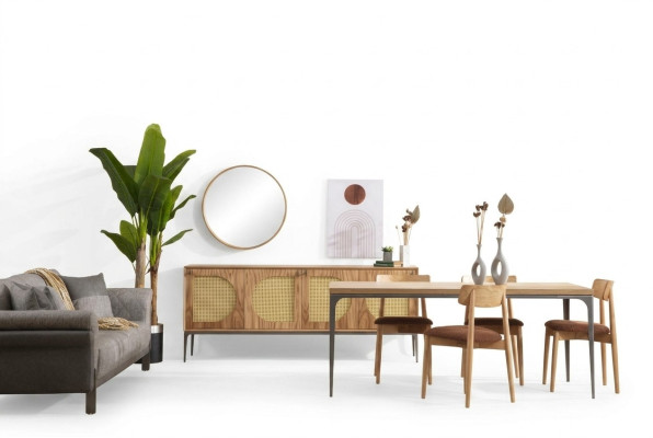 Eetkamer set hout eettafel set tafel dressoir spiegel 4 stoelen 7-delig.