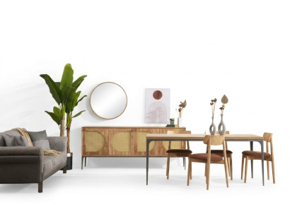 Eetkamer set hout eettafel set tafel dressoir spiegel 4 stoelen 7-delig.