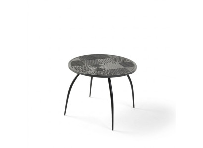 Originele zwarte ronde salontafel met een gesneden tafelblad.