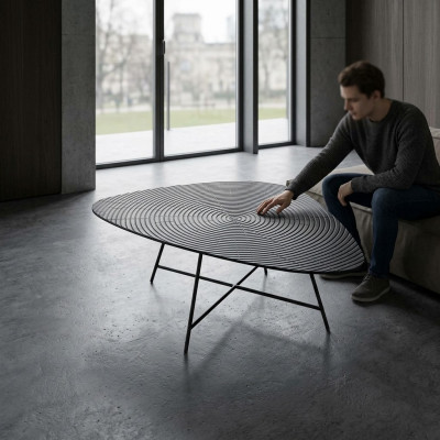 Stijlvolle zwarte salontafel voor de woonkamer met een bewerkte tafelblad.