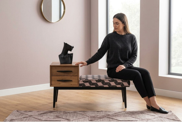 Zitbank bekleding voetenbank bank textiel bruin hout stijl luxe ontwerper nieuw