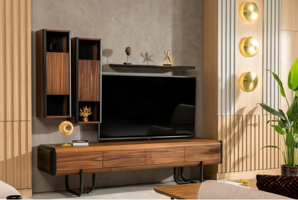 Een prachtige televisiekast met wandplanken in loftstijl die een stijlvolle uitstraling aan uw woonkamer geeft.