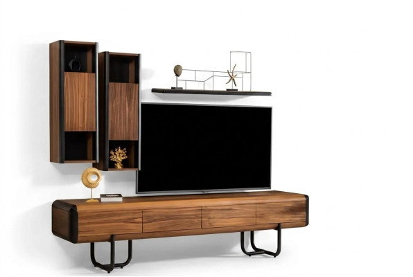 Een prachtige televisiekast met wandplanken in loftstijl die een stijlvolle uitstraling aan uw woonkamer geeft.