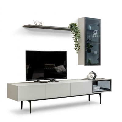 Een onvergelijkbare tv-kast en planken in minimalistische stijl.