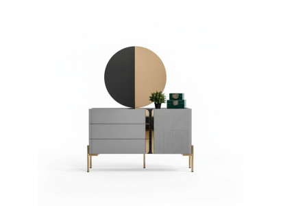 Mooie commode met spiegel in grijstinten met gouden inlegwerk.