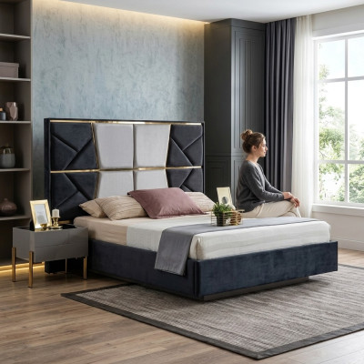 Prachtige beddengoed set met donkere grijstinten met gouden accenten.
