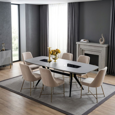 Moderne, absoluut prachtige tafel met stoelen in grijze en beige tinten.
