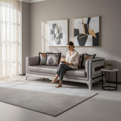 Ontwerper Moderne Luxe Bank 3-Zits Houten Meubels Bekleding Textiel Grijs Nieuw