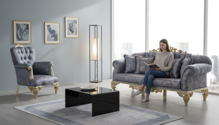 Bankstel 3-zits stof fauteuil bank gestoffeerd meubels 3+1 driezits blauw