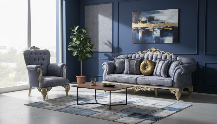 Bankstel 3-zits stof fauteuil bank gestoffeerd meubels 3+1 driezits blauw
