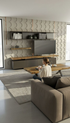 Moderne tv-standaard met wandplanken, luxe opbergkasten, walnoot natuur