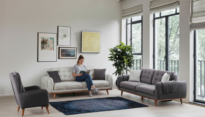 Zithoek 3 + 3 + 1 in moderne stijl met halfzachte grijze stoffering Nieuw