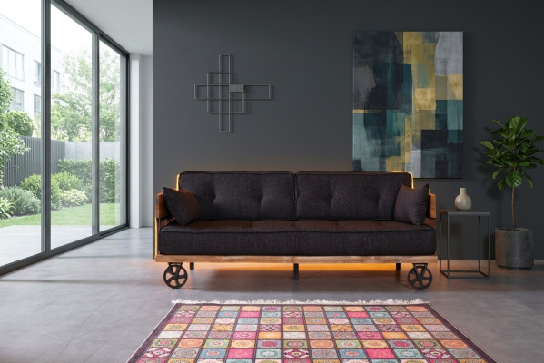 Zwarte stoffen bank op wielen Loft design met houten frame Bankmeubilair.