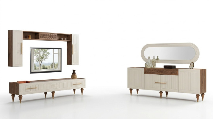 Compleet woonkamerset + eetkamerset tafel rek dressoir 6-delig.