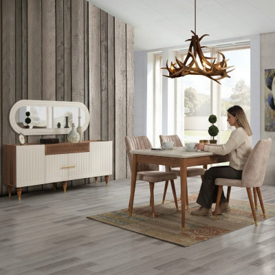 Eetkamer set 3-delige groep garnituur eettafel dressoir spiegel compleet set