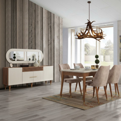Eetkamer set 3-delige groep garnituur eettafel dressoir spiegel compleet set