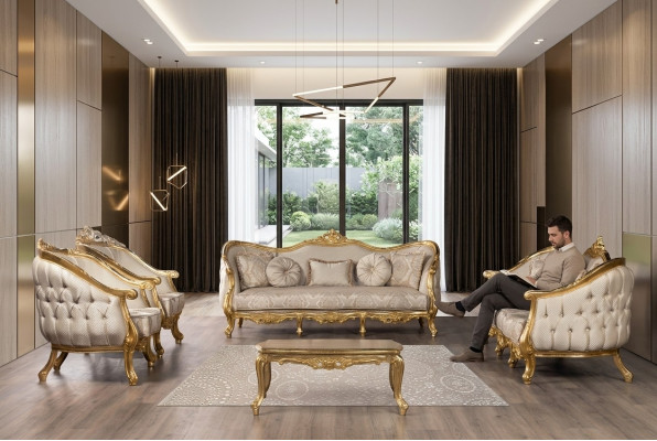 Bank klassiek luxueus woonkamerbankstel 3+3+1+1-zits salontafel