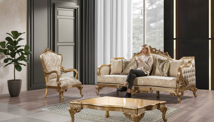 Gouden bankstel Klassieke bankmeubelen Bekleding 3+1 salontafel Stof