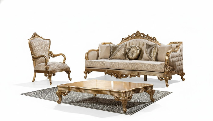 Gouden bankstel Klassieke bankmeubelen Bekleding 3+1 salontafel Stof