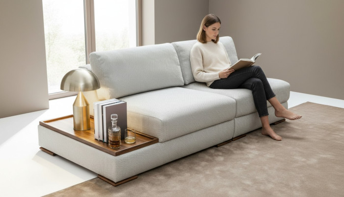 Slanke, moderne 2-zitsbank met zacht sofa, geïntegreerde houten tafel en brede zitting.