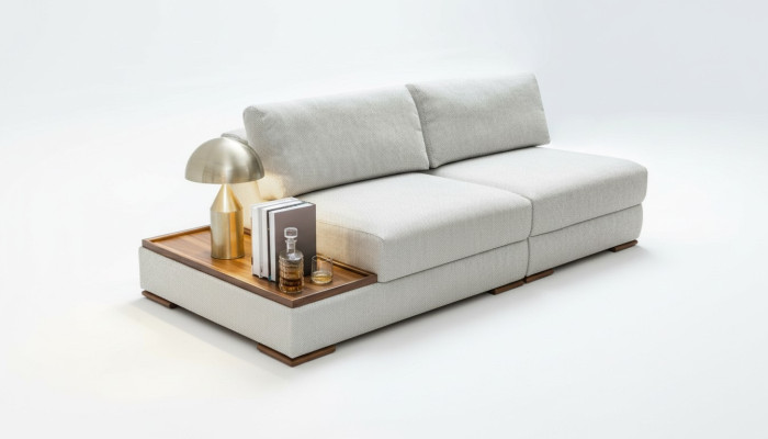 Slanke, moderne 2-zitsbank met zacht sofa, geïntegreerde houten tafel en brede zitting.