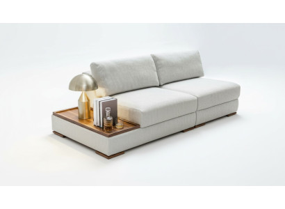 Slanke, moderne 2-zitsbank met zacht sofa, geïntegreerde houten tafel en brede zitting.