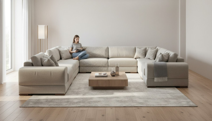 Hoekbank U-vorm Grijs Bank Luxe Design Meubels Woonlandschap Stof
