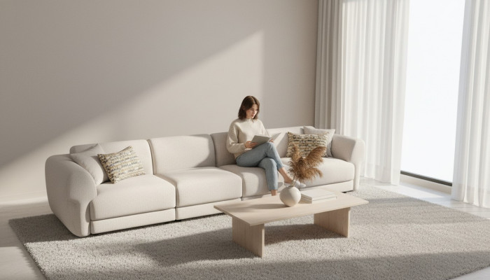 Grote aantrekkelijke 6-zits bank in eenvoudig ontwerp van premium materialen in beige.