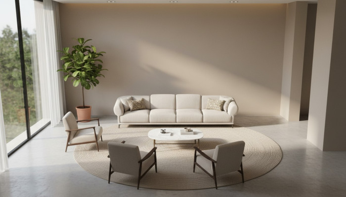 Grote aantrekkelijke 6-zits bank in eenvoudig ontwerp van premium materialen in beige.