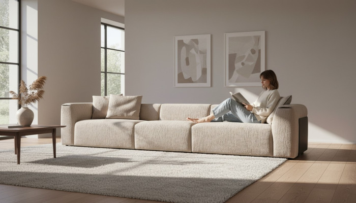Beige bank woonkamer gestoffeerd vijfzits design luxe meubels nieuw.