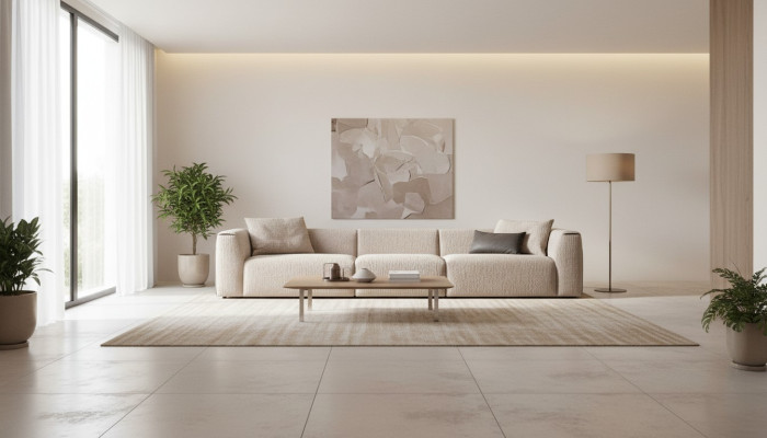 Beige bank woonkamer gestoffeerd vijfzits design luxe meubels nieuw.