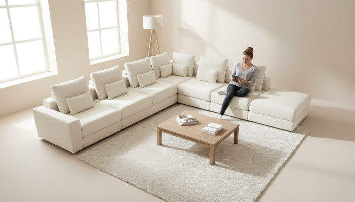 Witte woonlandschap woonkamer L-vorm bank stoffering designer meubelen stijl