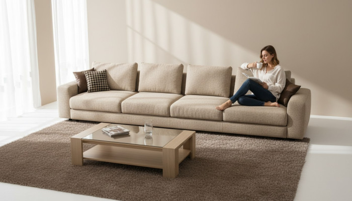 Grote Beige Bankstel Zespersoons Designer Zithoek Textiel