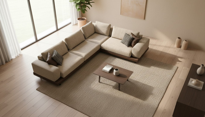 Beige hoekbank gestoffeerde hoekbank L-vormige bank Moderne woonlandschap Bank