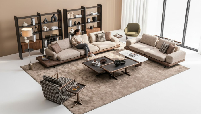Bruin textiel bankstel woonkamer bank driezits luxe houten meubels