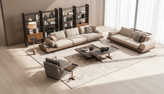 Bruin textiel bankstel woonkamer bank driezits luxe houten meubels