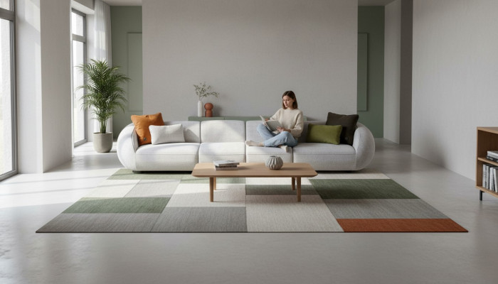 Grijze woonlandschap zespersoons gestoffeerde textielbank moderne hoeklounge.