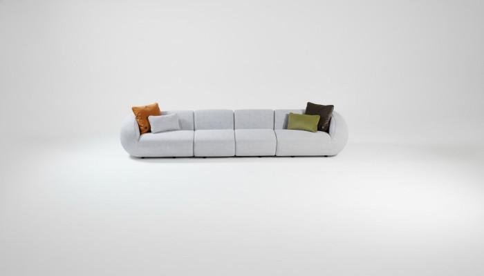 Grijze woonlandschap zespersoons gestoffeerde textielbank moderne hoeklounge.
