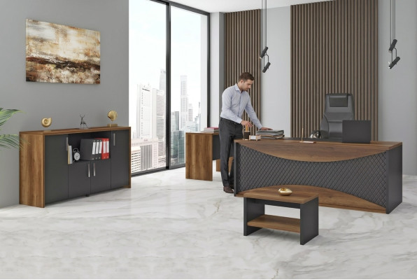 Werkkamer houten meubels kantoorset bureau archiefkast salontafel