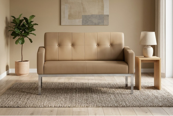 Beige tweezits kantoormeubelen gestoffeerde bank houten frame textiel inrichting.