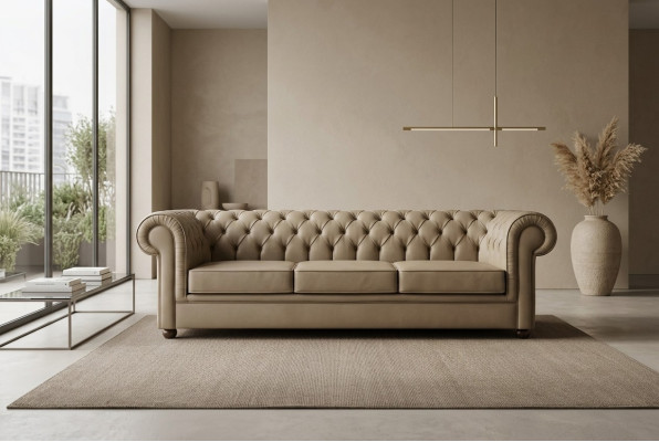 Beige Chesterfield driezitter kantoormeubel sofa gestoffeerde luxueuze meubels