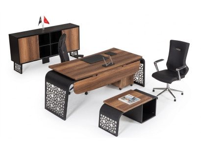 Moderne houten kantoor hoekbureau, kantoorkast, archiefkast, salontafel
