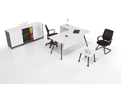 Witte hoekbureau werkkamermeubilair kantoorkast salontafel tafel 3 delig