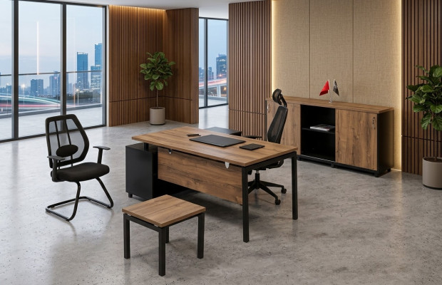 Bruin kantoormeubilair luxe set tafel kast salontafel 3-delig.