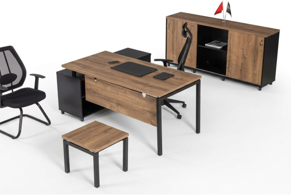 Bruin kantoormeubilair luxe set tafel kast salontafel 3-delig.