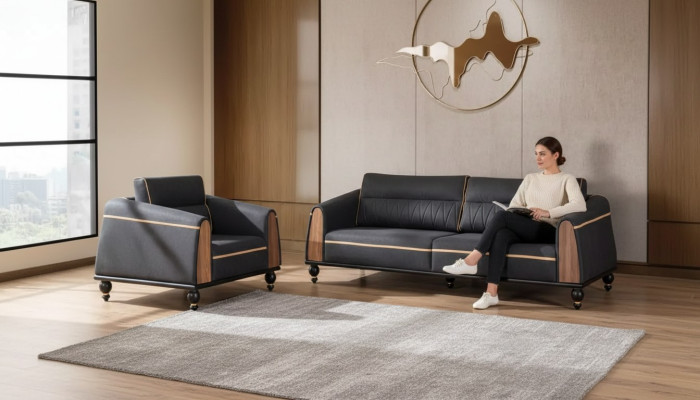 Zwarte bankstellen set moderne meubelstuk driezitter fauteuil stoffen meubels 2-delig.