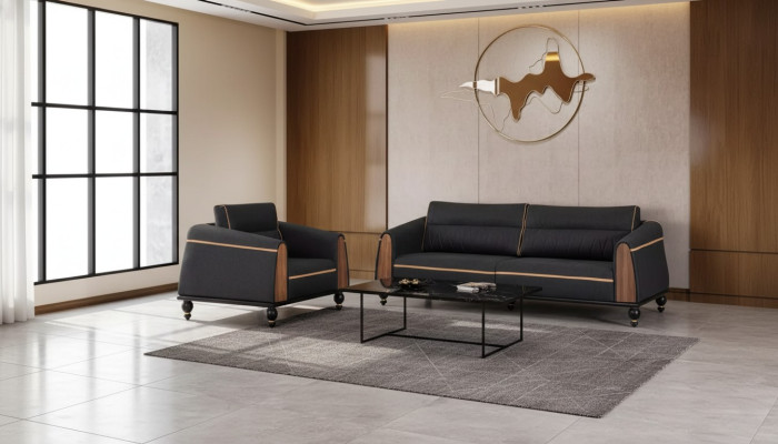 Zwarte bankstellen set moderne meubelstuk driezitter fauteuil stoffen meubels 2-delig.
