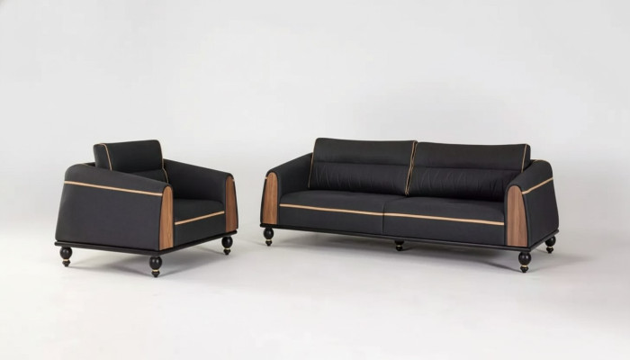 Zwarte bankstellen set moderne meubelstuk driezitter fauteuil stoffen meubels 2-delig.