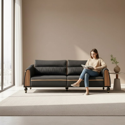 Zwarte designbank voor kantoor meubels in moderne stijl, driezitsbank.