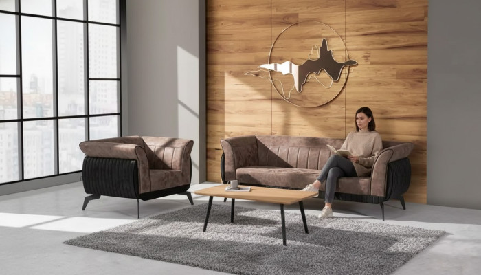 Bruine bankstel driezitter fauteuil kantoormeubelen bankstel set 2-delig.